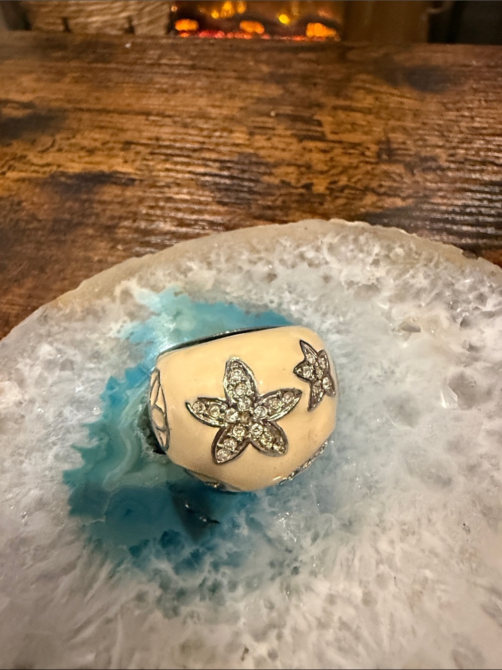 Cream Enamel Floral Crystal Accent Ring